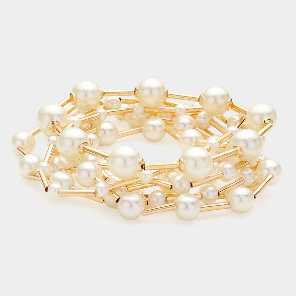 Gold Cream Pearl 7 Pc Set Ball Beaded Stretch Bracelets MultiLayered